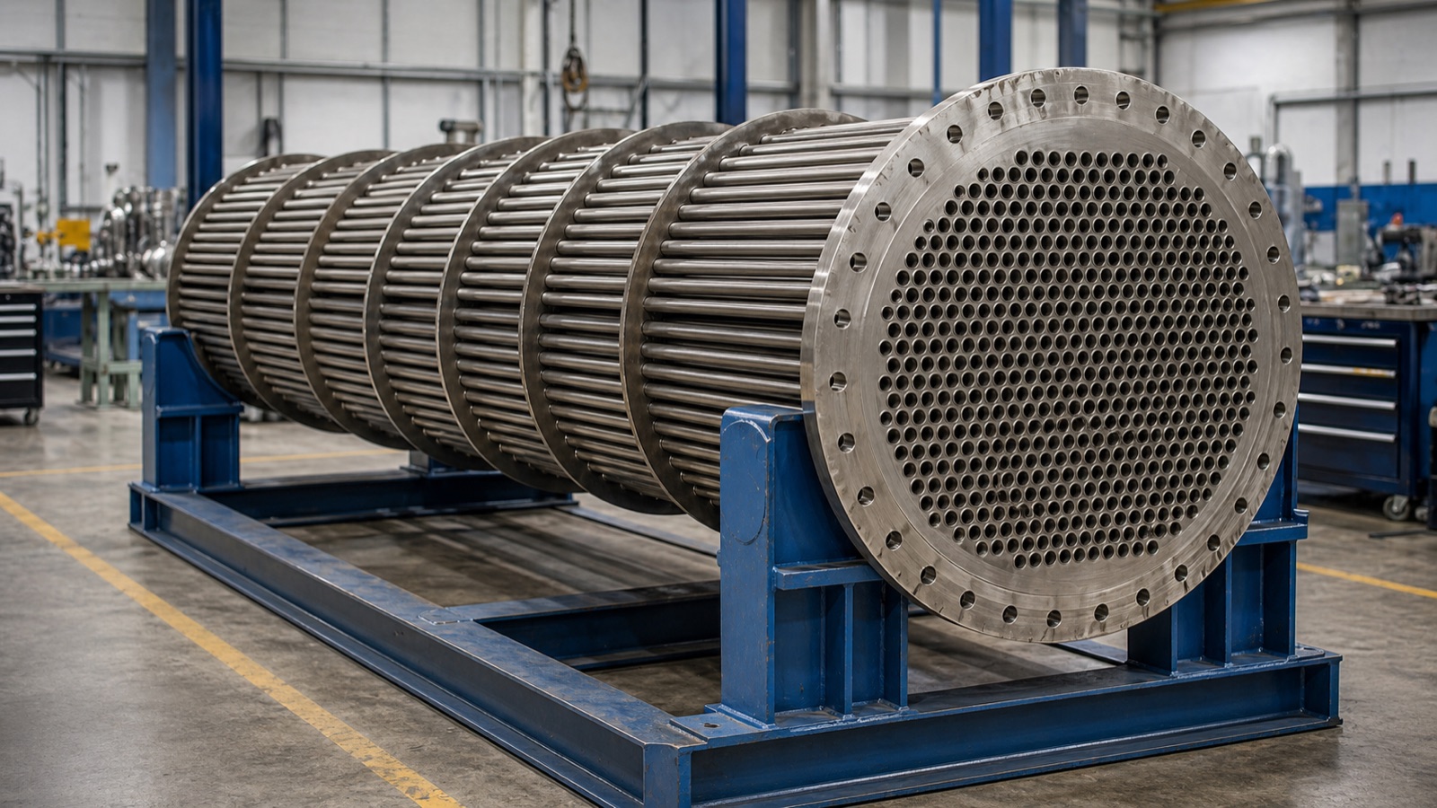 Heat exchanger tube sheet and exposed tube bundle on workshop supports