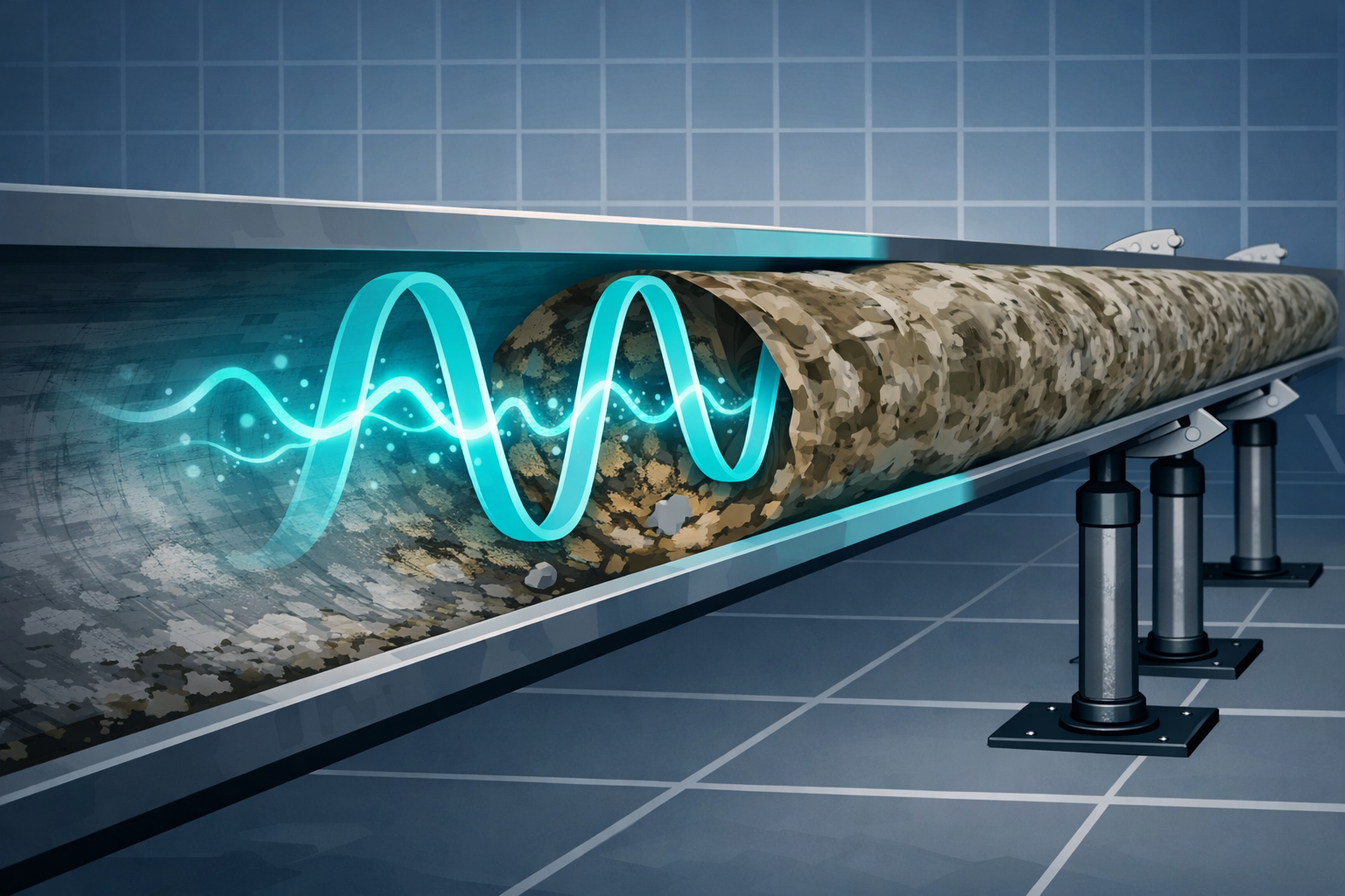 Illustration of sonic resonance moving through fouled process pipe